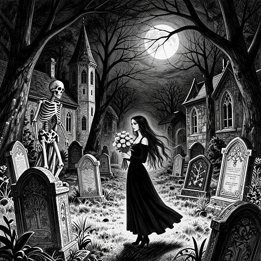 Black-and-white digital illustration: Gothic cemetery at night, full moon, leafless trees, skeletal figure, woman in flowing dress holding flowers, gravest
