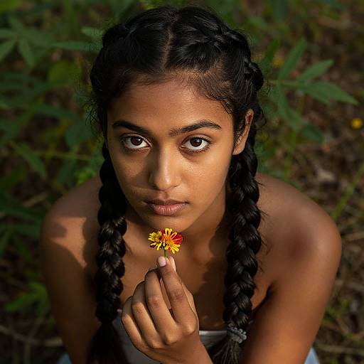Photograph of a young woman with dark skin and black braided hair, holding a yellow flower to her lips, looking up with wide, intense brown
