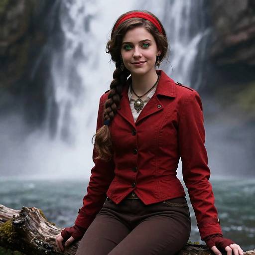 Young Woman in Red Jacket by Waterfall