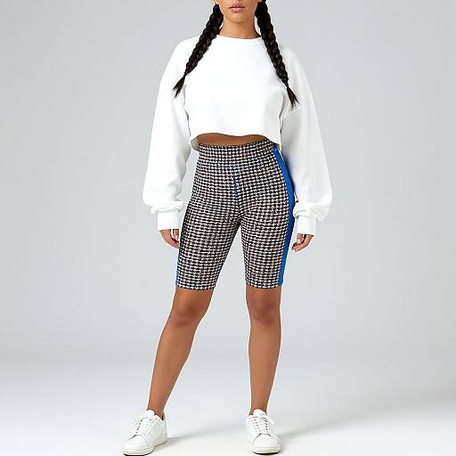 Photograph of a woman with long black braids, wearing a white crop sweatshirt, black-and-white checkered shorts, and white sneakers, against