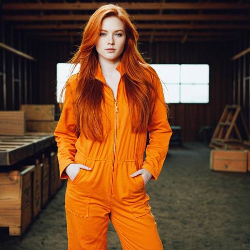 Woman in Orange Jumpsuit with Long Red Hair