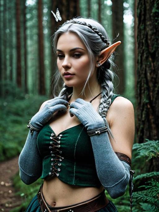 Elf Woman in Forest with Butterfly