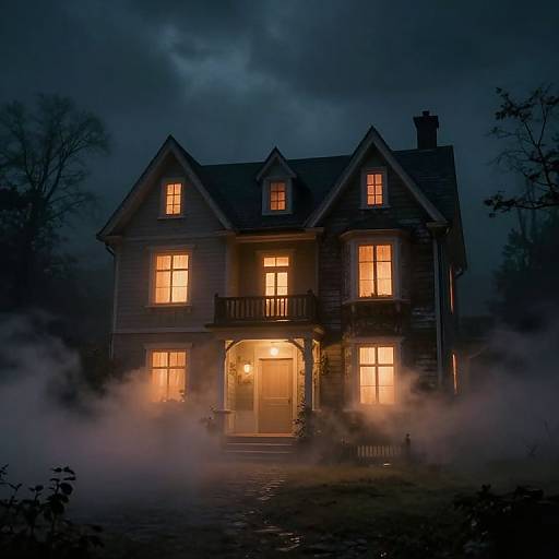 Photograph of a spooky, two-story house at night with glowing yellow windows, smoke rising from the front, and a dark, cloudy sky.