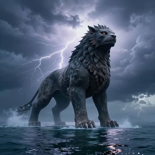 Digital art of a fearsome, dark-furred, lightning-illuminated wolf standing on stormy ocean waves, with dramatic lightning bolts in the