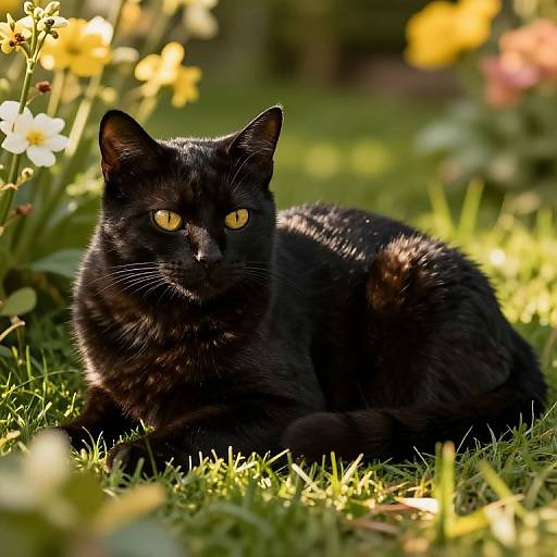Photograph of a sleek, black cat with glowing yellow eyes lounging on sunlit green grass, surrounded by colorful, blooming flowers in a garden