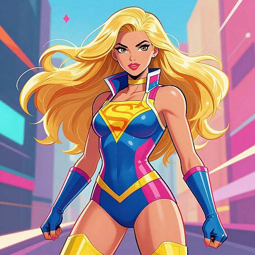 Digital art of a blonde, muscular Superwoman with long hair, blue, pink, and yellow suit, standing confidently in a neon-lit city street