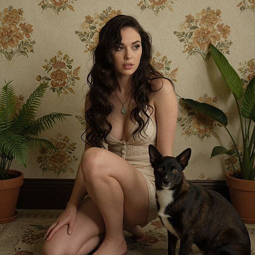 Photograph of a fair-skinned woman with long dark hair, wearing a beige, low-cut dress, kneeling beside a black and white dog in a