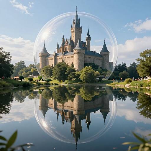 Photograph of a medieval-style castle with tall spires, reflected in a calm lake, under a clear blue sky with a circular lens flare effect.