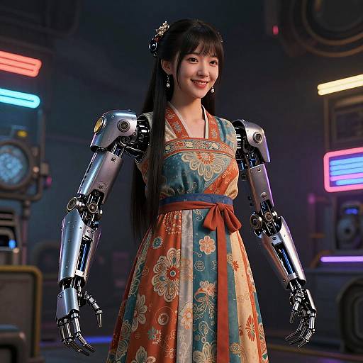 CGI image of an Asian woman with long black hair, wearing a colorful floral kimono, and metallic robotic arms, smiling in a neon-lit