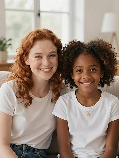 Mother and Daughter Sitting Together on Sofa