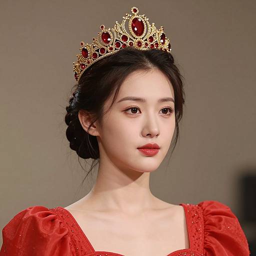 Photograph of an East Asian woman with fair skin, wearing a red dress and ornate gold and red tiara, with dark hair in a b