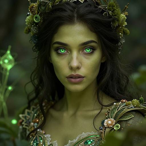 Photorealistic digital artwork of a mysterious, green-eyed woman with dark hair, wearing a nature-inspired crown and ornate, leafy jewelry, set