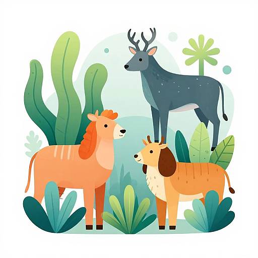 Digital illustration of a blue deer with antlers standing among three colorful, cartoonish animals with orange and brown fur, surrounded by large green cactus leaves