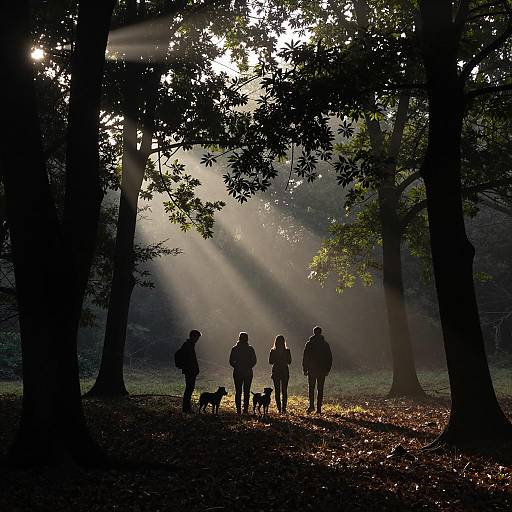 Silhouetted Group in Forest at Dawn