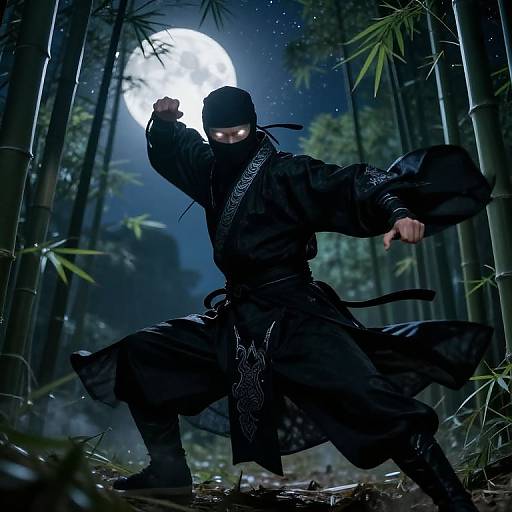 Digital art of a ninja in black gear, mask, and kimono, striking a ready pose under a full moon in a bamboo forest.