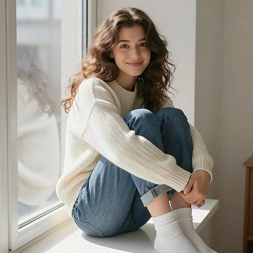 Cozy Woman on Sunlit Windowsill