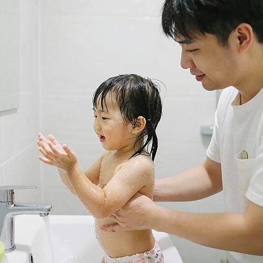 Photograph of an Asian man with short black hair washing a smiling, wet-haired toddler in a white bathtub, water splashing.