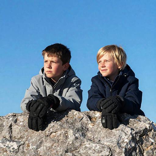 Two Boys Leaning on Rock Outdoors