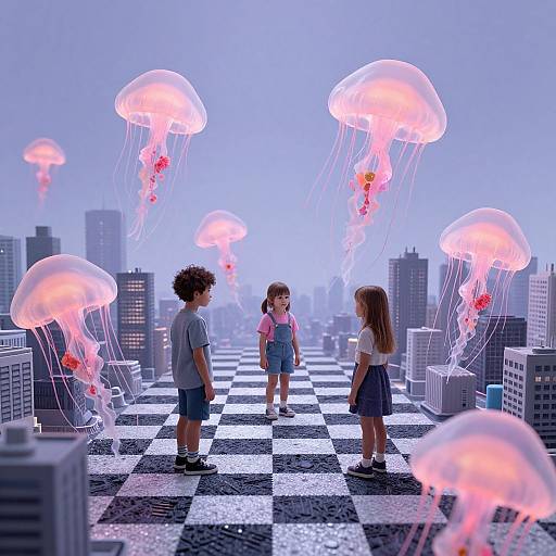 Photograph-style CGI: Three children stand on a checkered city street, surrounded by glowing pink jellyfish in a surreal, blue-lit urban setting