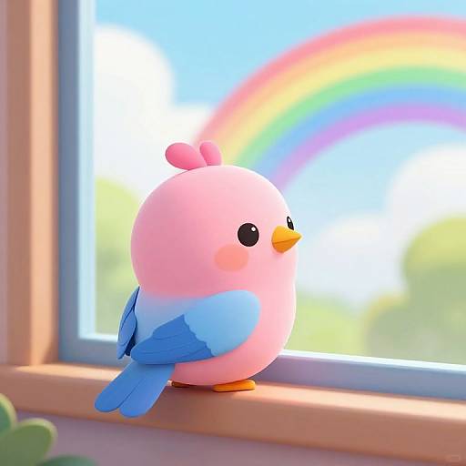 Cute Cartoon Bird Overlooking Rainbow