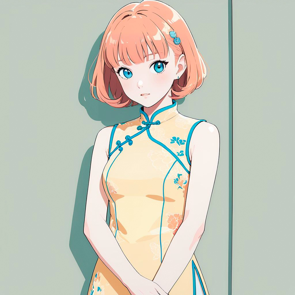 Retro Blushing Girl in Pastel Cheongsam