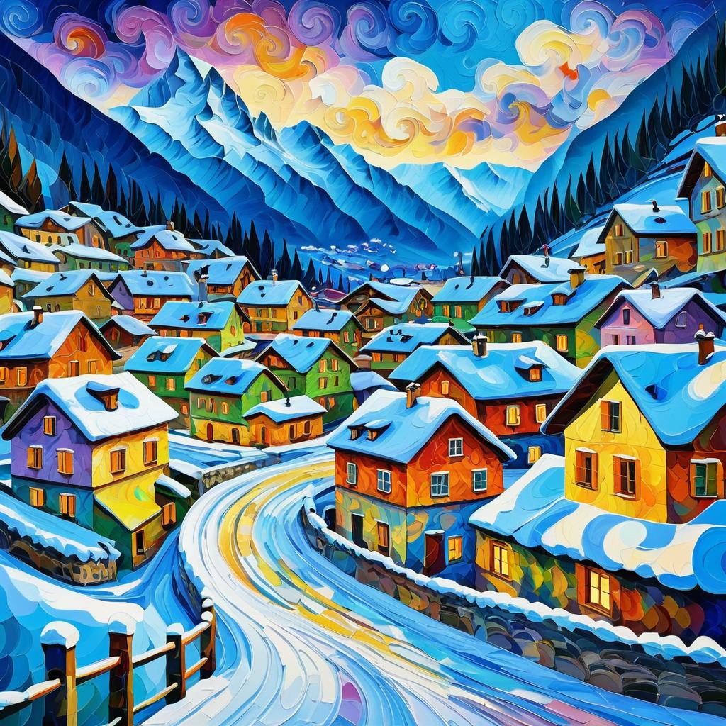 Vibrant Van Gogh: Snowy Swiss Village