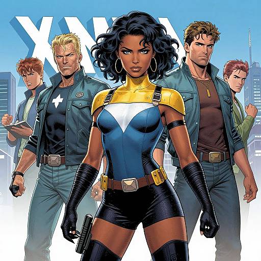 Comic-style illustration of a confident Black woman in a yellow and blue superhero outfit, flanked by four muscular men in jeans and jackets, standing against a