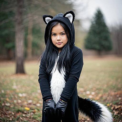 Child in Skunk Costume Outdoors