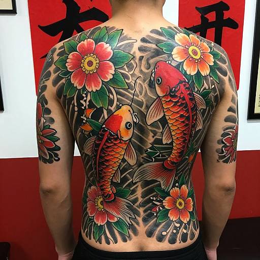 Photograph of a tattooed man's back featuring vibrant red and orange koi fish, green leaves, and pink flowers on black and gray waves.