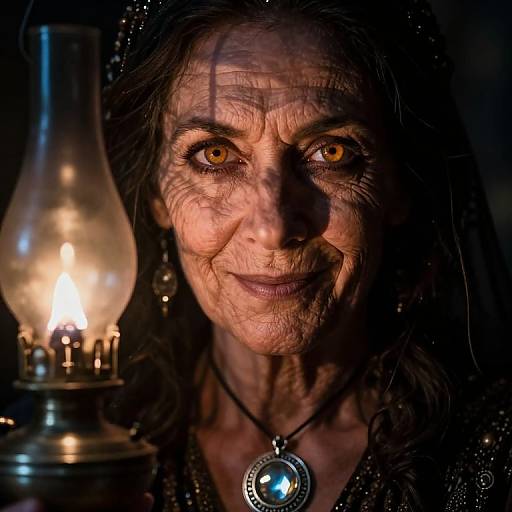 Close-up photograph of an elderly woman with intense yellow eyes, wrinkled face, and shadowed expression, illuminated by a glowing lamp. Dark background,