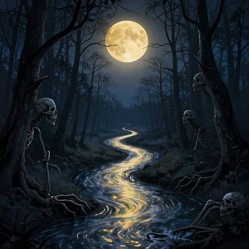 Digital artwork of a dark forest with glowing full moon, skeletal figures on both sides, and a winding, illuminated stream.