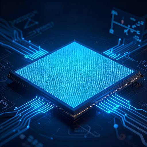Photograph of a glowing blue LED chip on a dark circuit board with blue neon lines and small electronic components.
