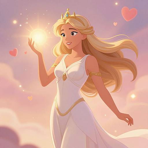 Digital illustration of a blonde princess with a golden crown, white dress, and gold armlets, holding a glowing sun, surrounded by pink hearts against a