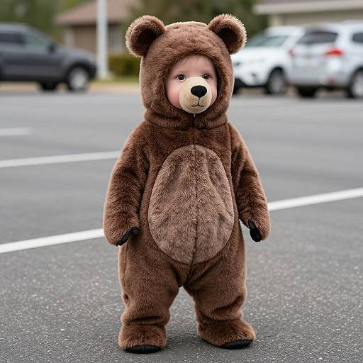 Photograph of a young child wearing a brown bear costume with a fluffy hood, standing in an empty parking lot.