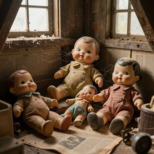 Photograph of three vintage porcelain baby dolls with black hair, wearing brown and maroon outfits, sitting in a dim, dusty attic with newspaper, windows