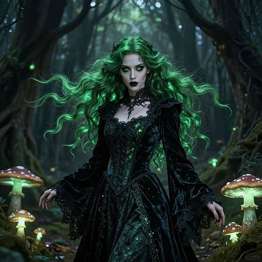 Digital fantasy artwork of a green-haired witch in a black lace dress, standing in a dark, enchanted forest with glowing mushrooms.