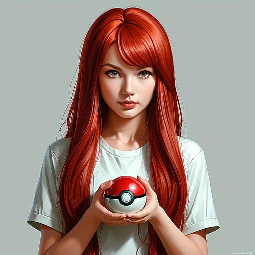 Digital artwork of a young woman with long red hair, wearing a white shirt, holding a red and white Poké Ball, against a plain light gray