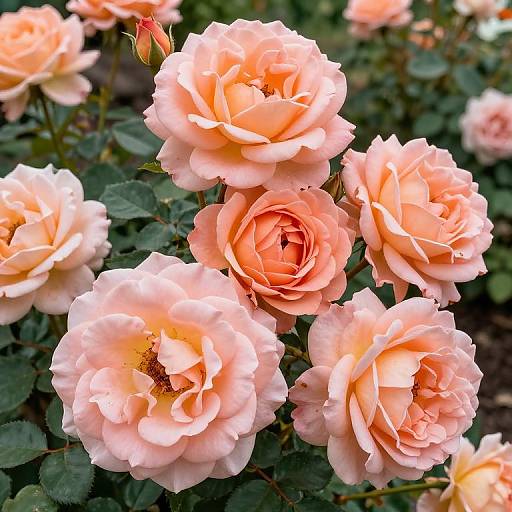Photograph of a cluster of blooming peach-colored roses with delicate petals, green leaves, and a single unopened bud in the background.