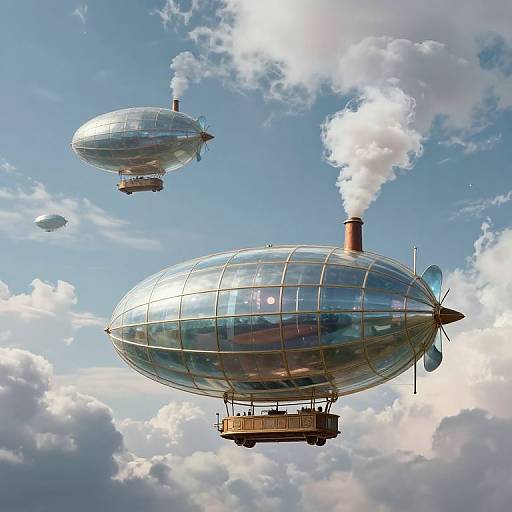 Photograph of two futuristic, silver, airship-like balloons with transparent domes and black smokestacks, floating in a bright, cloudy sky.