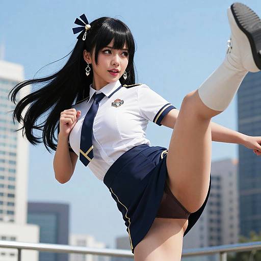 Digital anime-style photograph of an Asian woman with long black hair, wearing a white school uniform, black skirt, and white socks, kicking her leg high