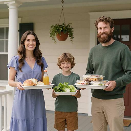 Family Holding Food Trays on Porch