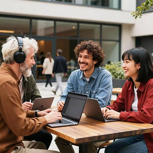 Candid Outdoor Conversation at Wooden Table