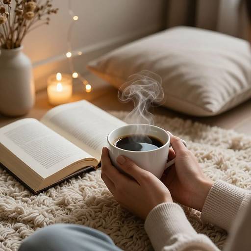 Photograph of hands holding a steaming cup of coffee on a cozy, textured blanket, beside an open book and lit candles.
