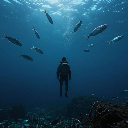 Futuristic Spearfisher in Deep Ocean