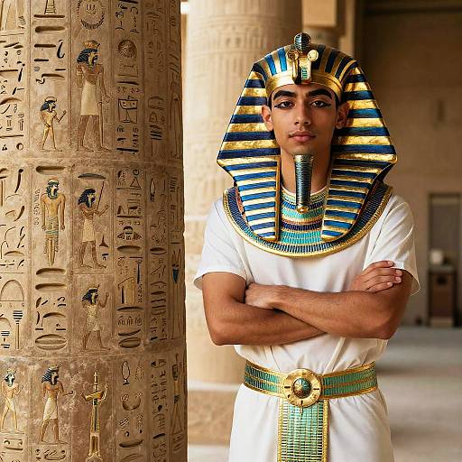 Photograph of a young man with dark skin, wearing an Egyptian pharaoh's headdress and white tunic, standing with arms crossed, in front