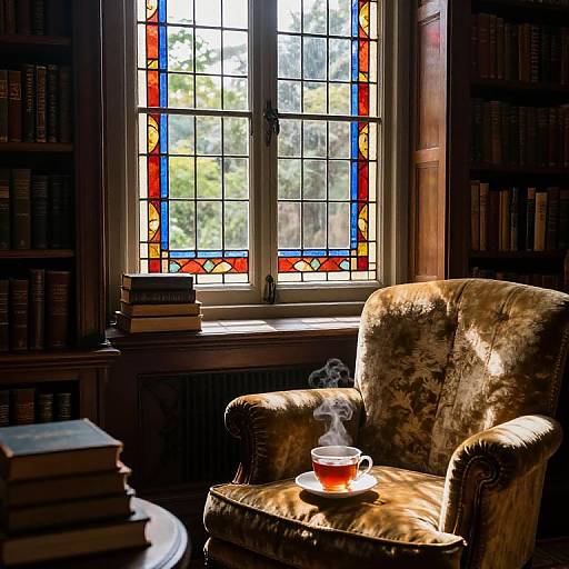 Sunlit Stained Glass Library Ambiance