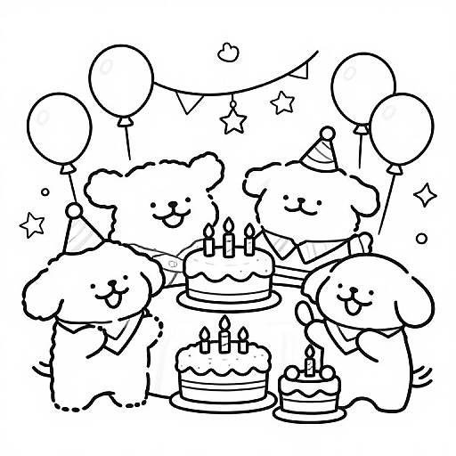 Black and white line drawing of four cute, smiling bears celebrating a birthday with balloons, star decorations, and two cakes with candles.
