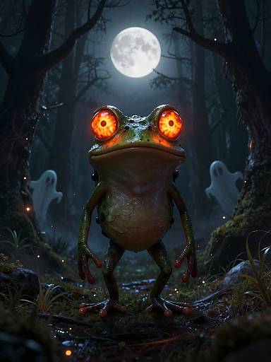 Digitally illustrated eerie forest scene at night with a large frog with glowing red eyes, standing under a bright full moon, surrounded by ghostly figures and