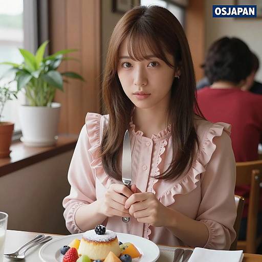 Asian Woman Holding Knife at Dessert Table