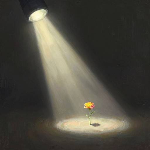 A single, vibrant flower with yellow and pink petals stands illuminated in a spotlight, casting a soft glow, against a dark background. Digital painting.